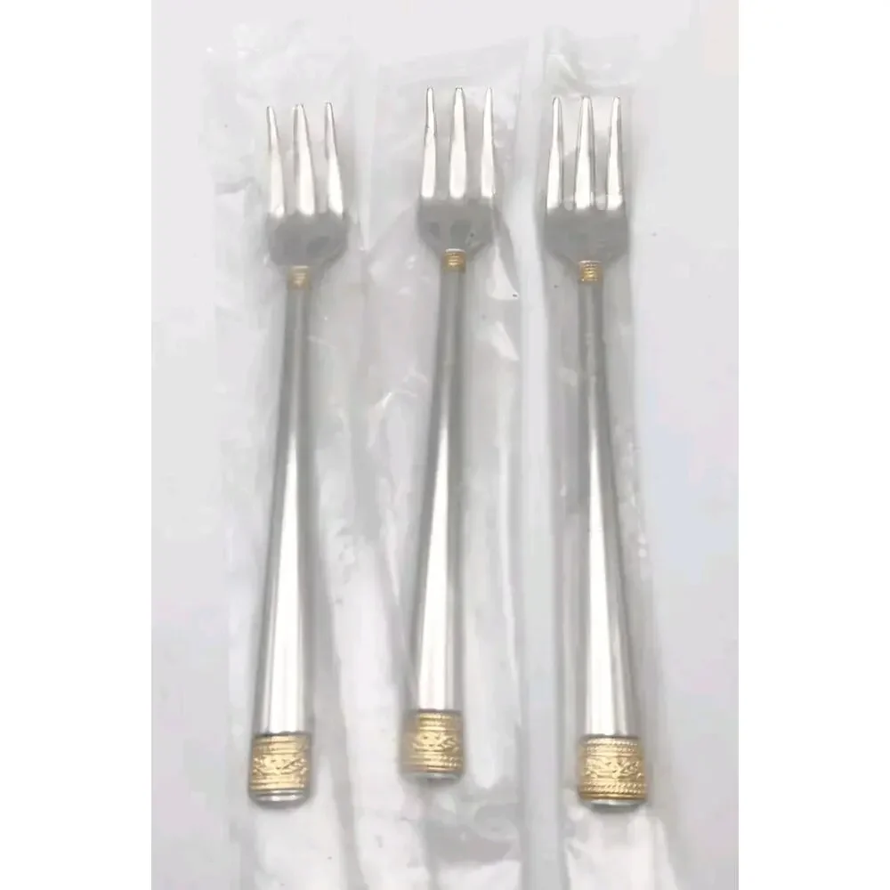 Gorham Festive Holly Gold Accent 3pc Shrimp Fork Set 18/10 Stainless Flatware